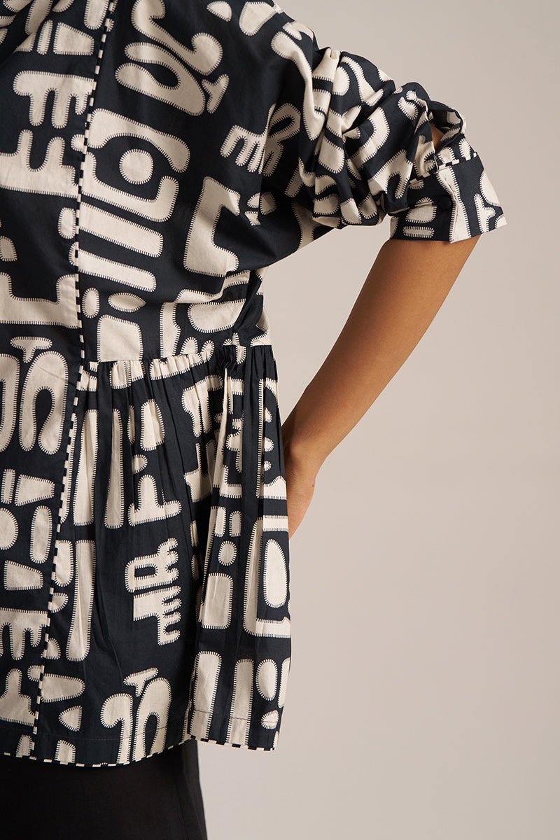 Black and Cream Printed Cotton Short kurta