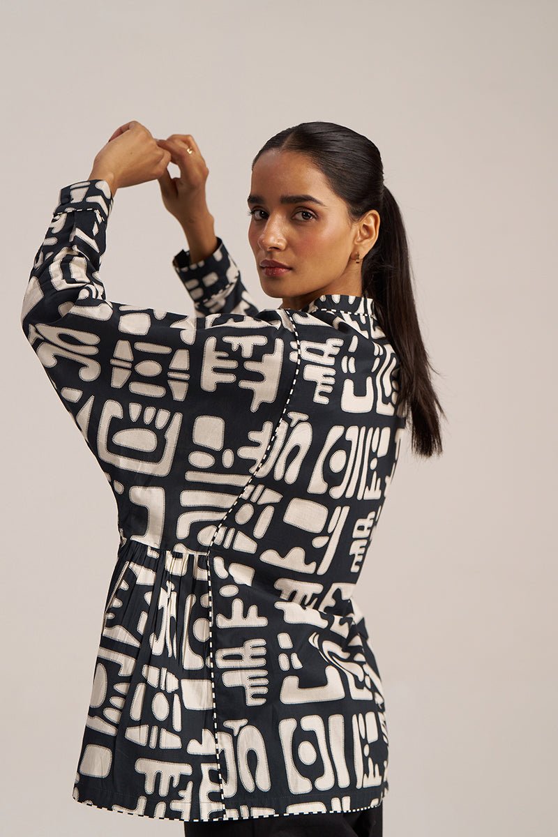 Black and Cream Printed Cotton Short kurta