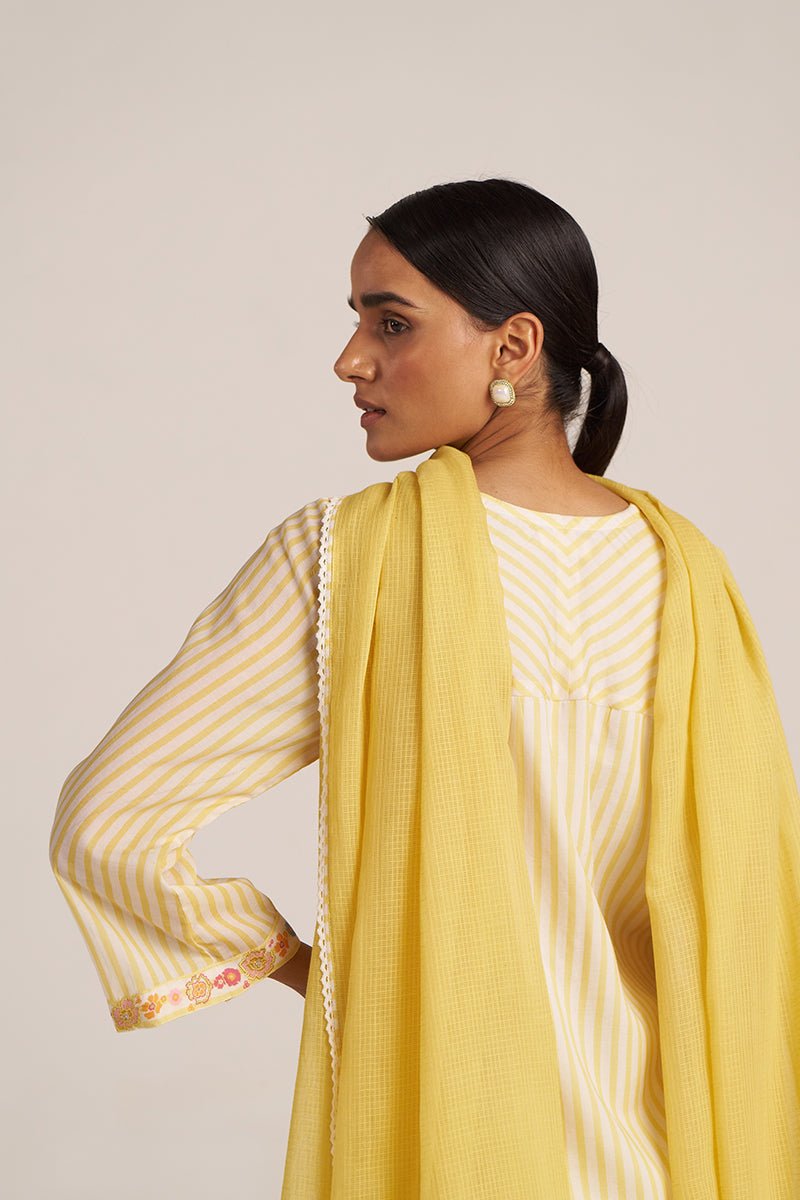 Cream-Gold Stripe and Floral kurta Set
