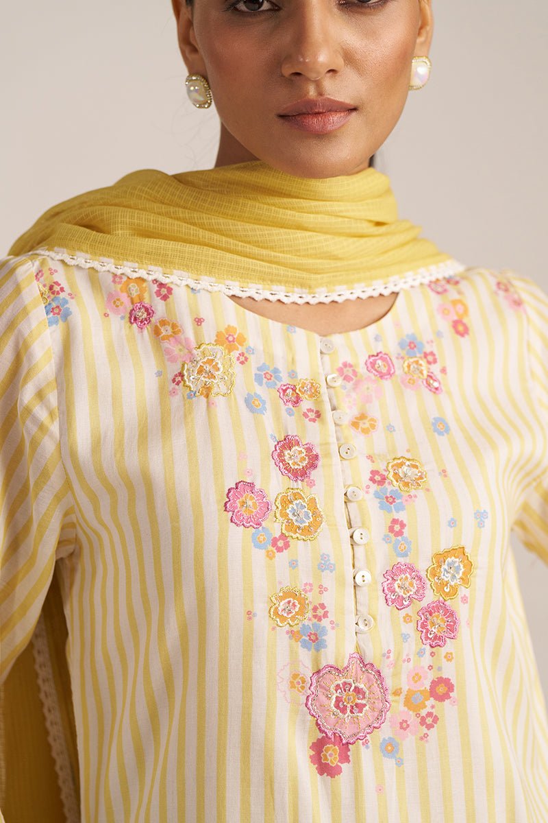 Cream-Gold Stripe and Floral kurta Set