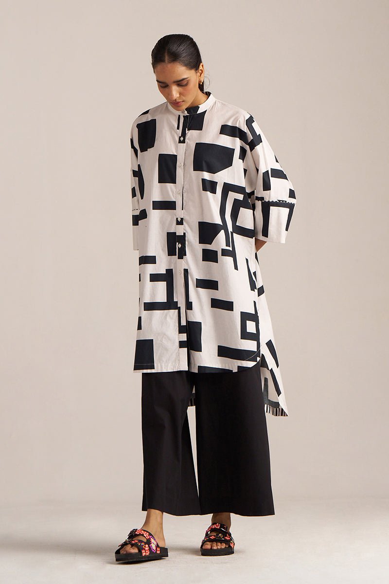 White and Black Print Cotton Asymmetric Shirt Kurta