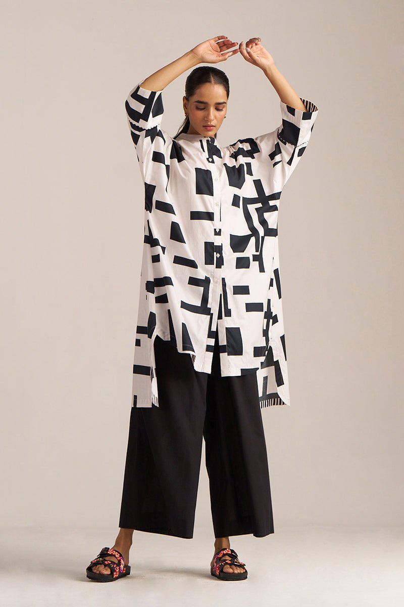 White and Black Print Cotton Asymmetric Shirt Kurta