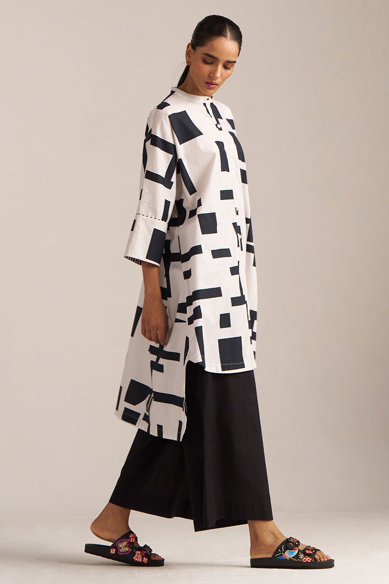 White and Black Print Cotton Asymmetric Shirt Kurta