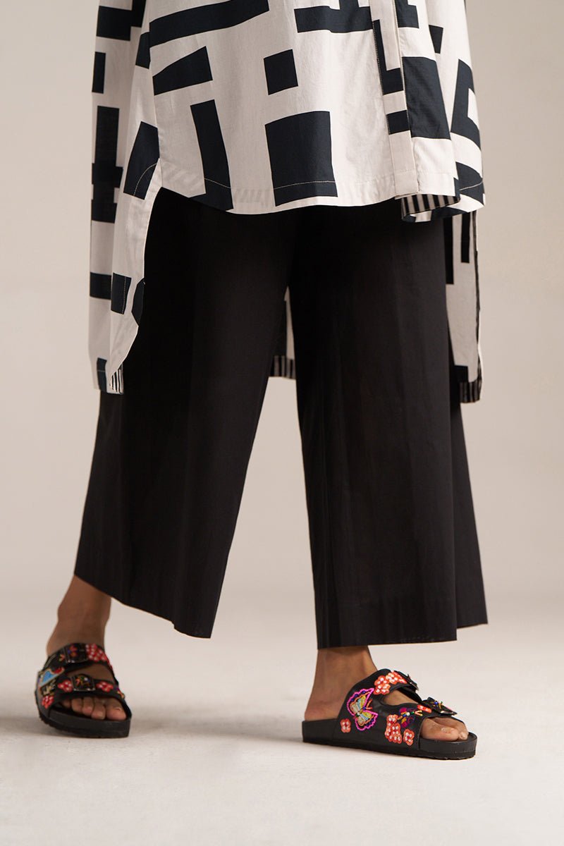 White and Black Print Cotton Asymmetric Shirt Kurta