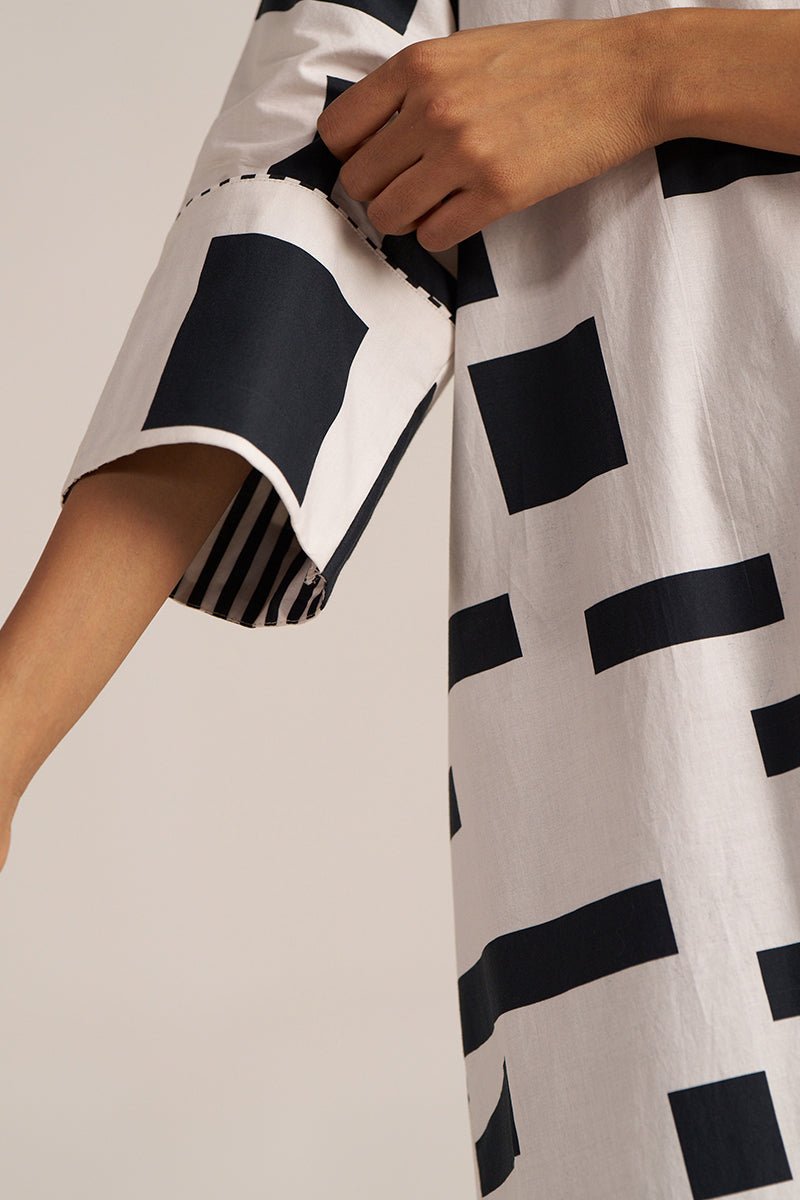 White and Black Print Cotton Asymmetric Shirt Kurta