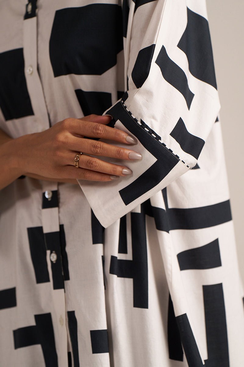 White and Black Print Cotton Asymmetric Shirt Kurta