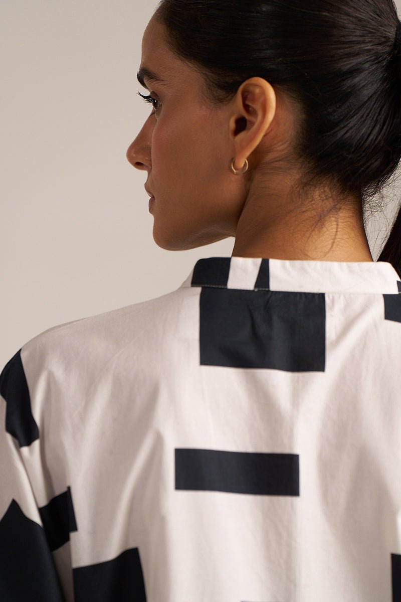 White and Black Print Cotton Asymmetric Shirt Kurta