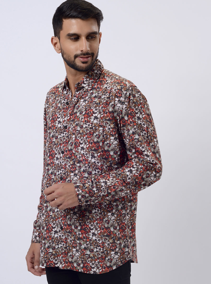 Rust Printed Slim Fit Casual Shirt | pehervi