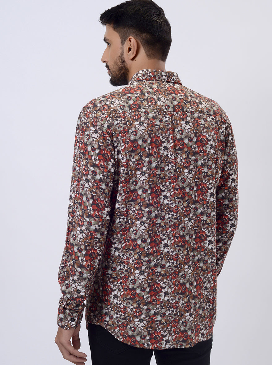 Rust Printed Slim Fit Casual Shirt | pehervi