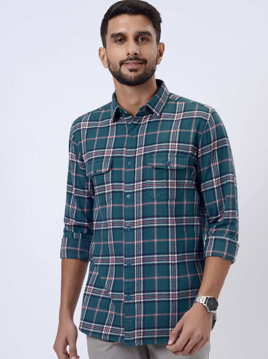Green Checked Slim Fit Casual Shirt | pehervi