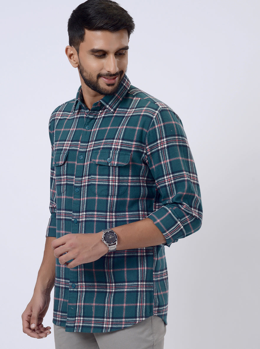 Green Checked Slim Fit Casual Shirt | pehervi
