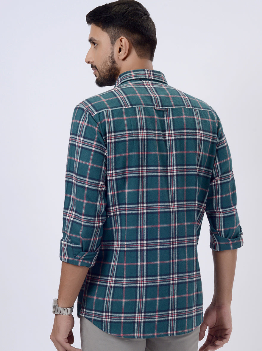 Green Checked Slim Fit Casual Shirt | pehervi
