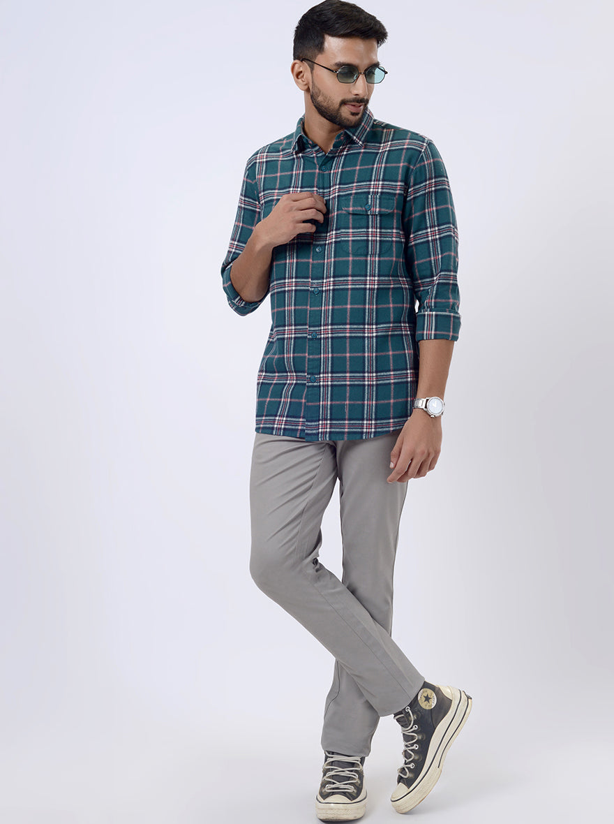 Green Checked Slim Fit Casual Shirt | pehervi
