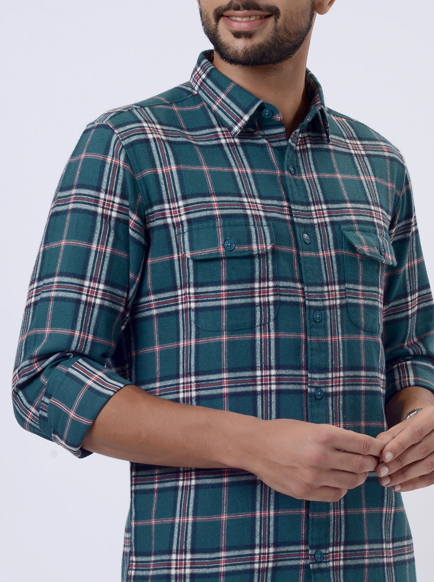 Green Checked Slim Fit Casual Shirt | pehervi
