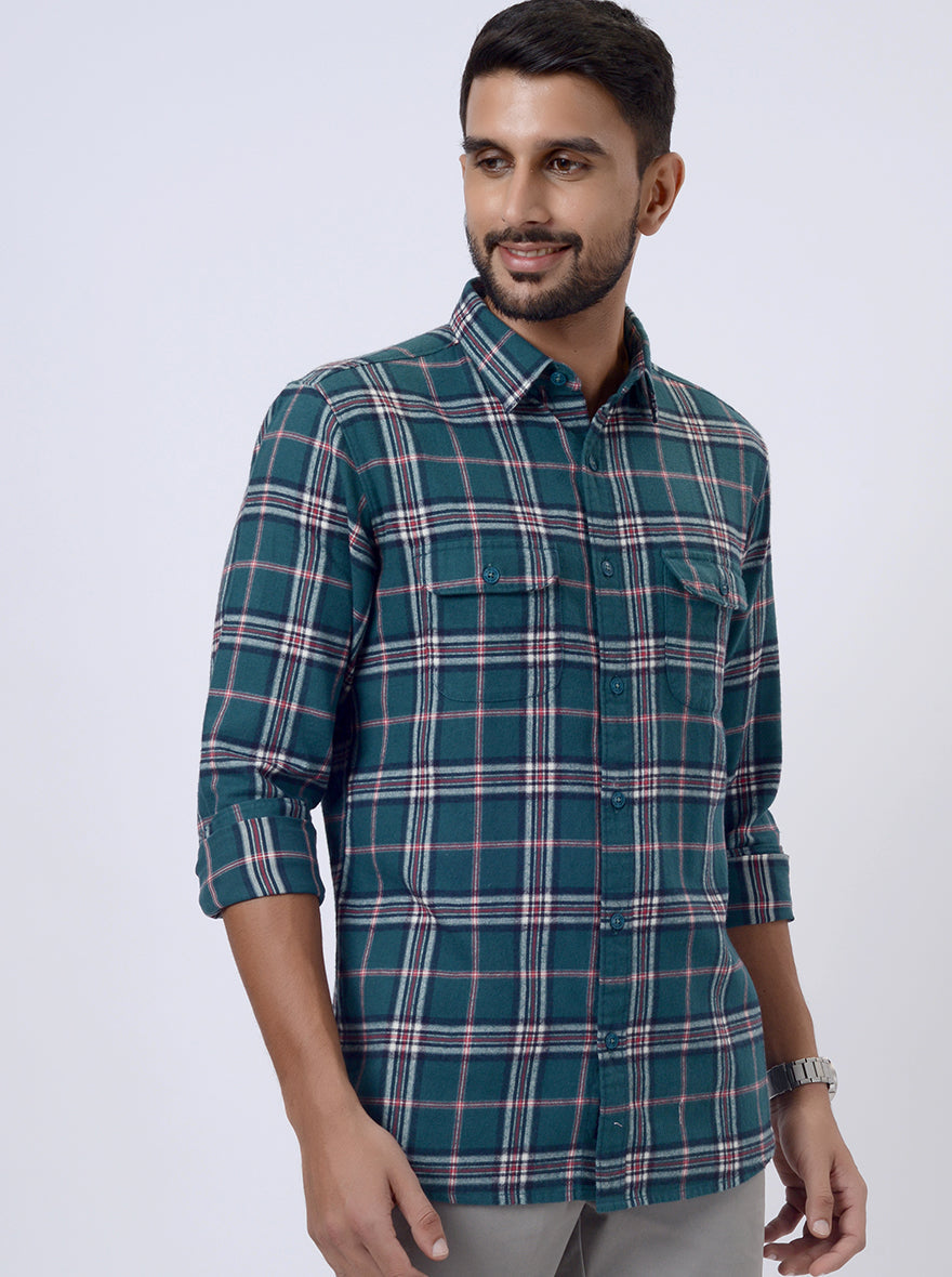 Green Checked Slim Fit Casual Shirt | pehervi