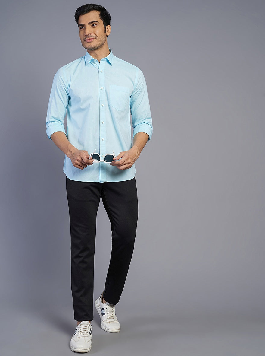 Light Blue Solid Slim Fit Semi Casual Shirt | Pehervi