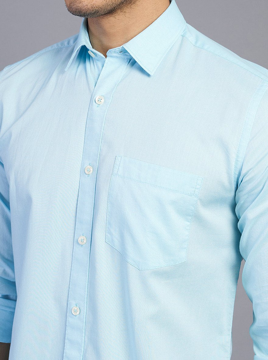Light Blue Solid Slim Fit Semi Casual Shirt | Pehervi