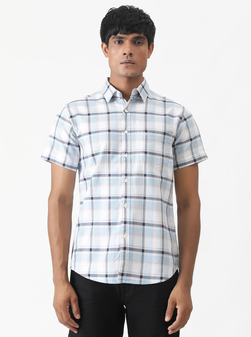 Light Blue Checked Slim Fit Casual Shirt | pehervi