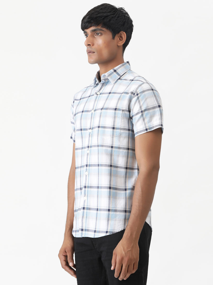 Light Blue Checked Slim Fit Casual Shirt | pehervi