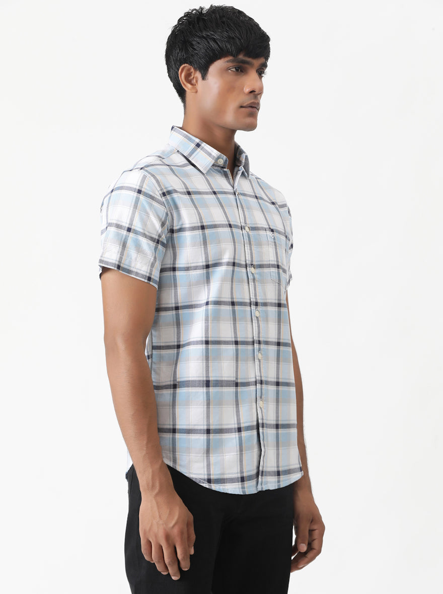 Light Blue Checked Slim Fit Casual Shirt | pehervi