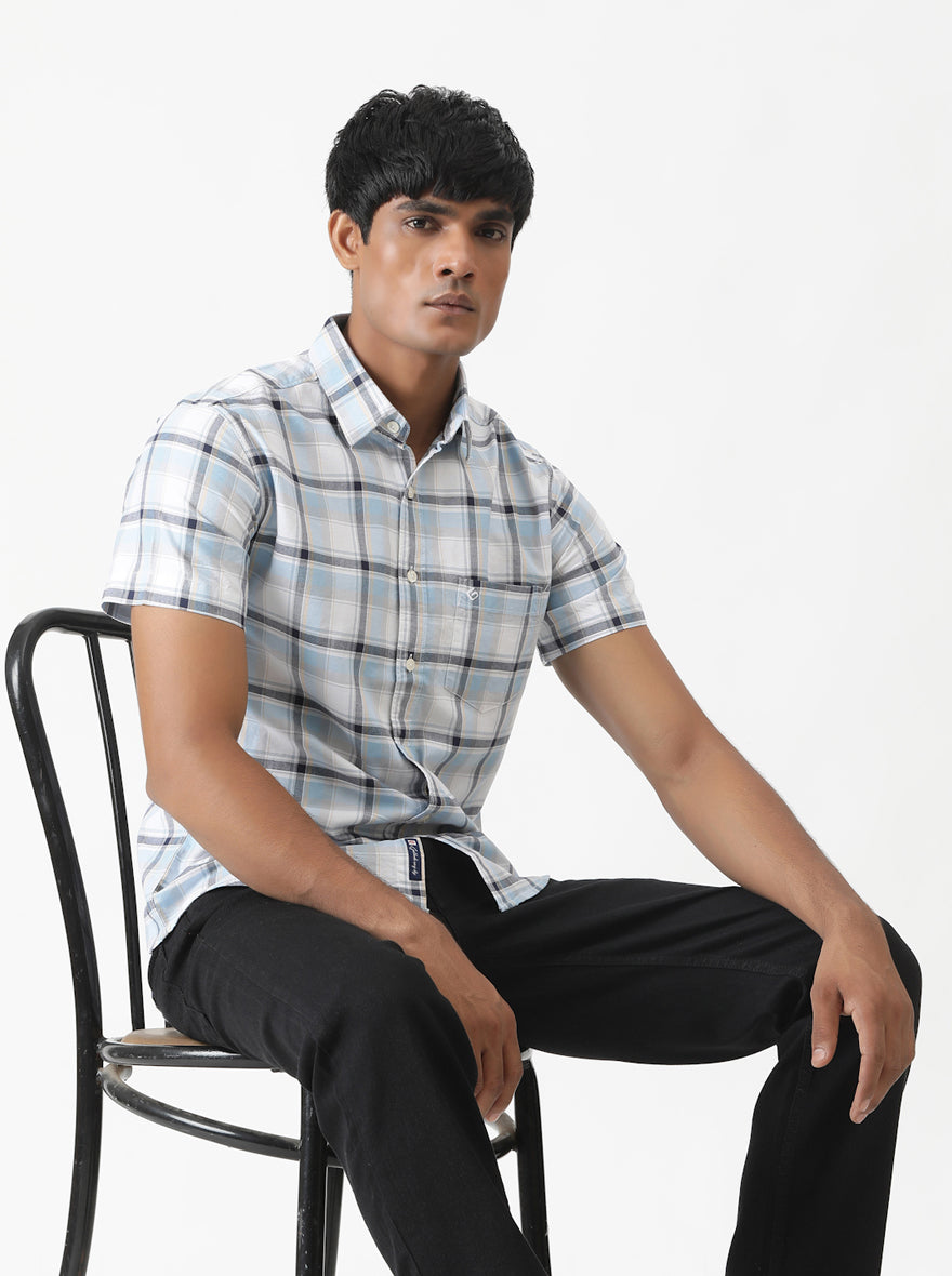 Light Blue Checked Slim Fit Casual Shirt | pehervi