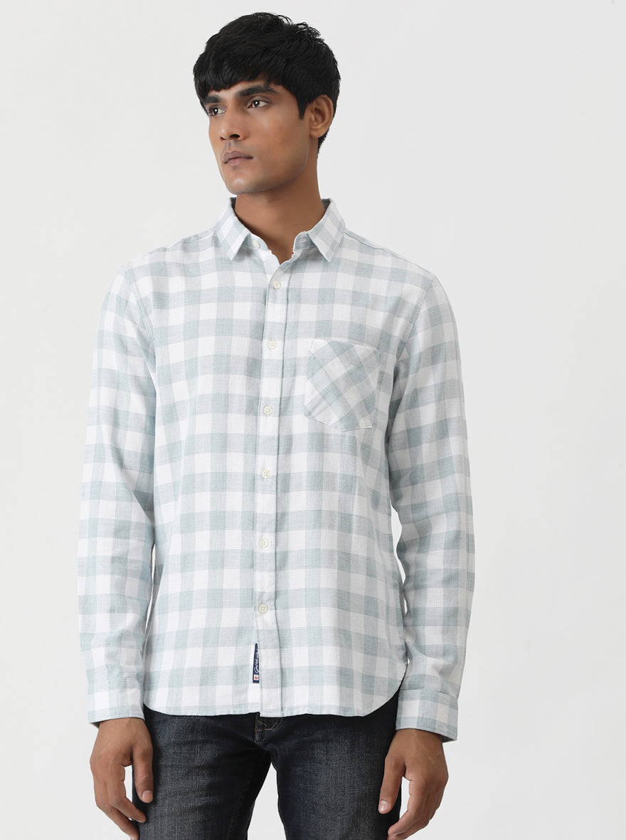 Light Green Checked Slim Fit Casual Shirt | pehervi