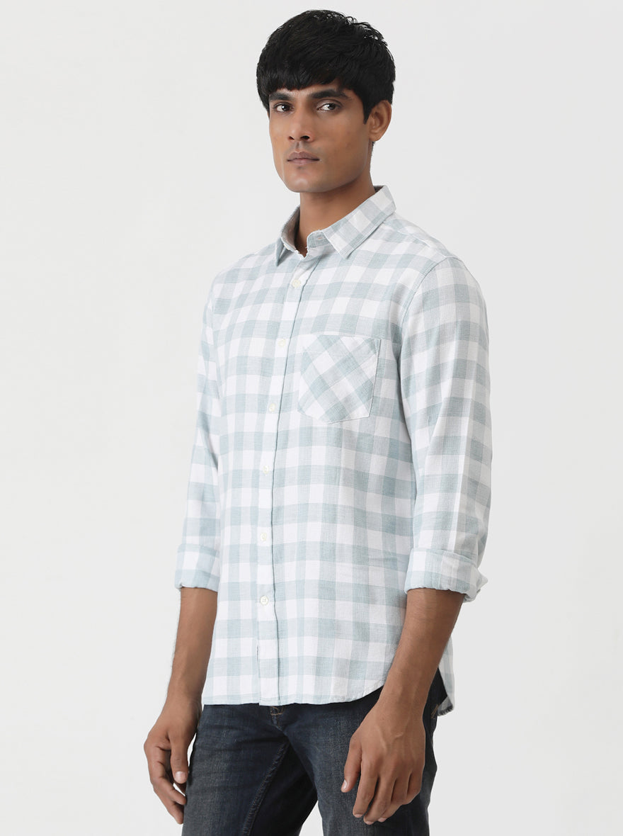 Light Green Checked Slim Fit Casual Shirt | pehervi