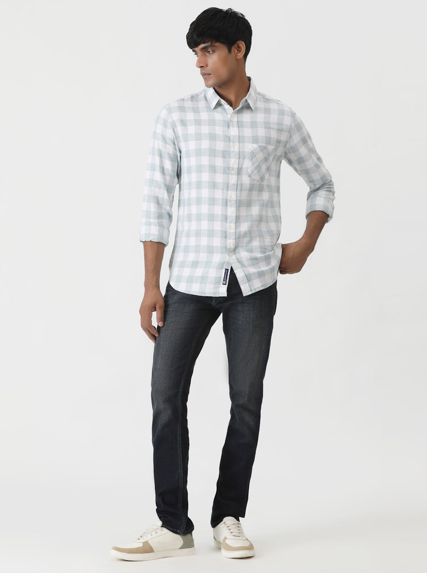 Light Green Checked Slim Fit Casual Shirt | pehervi