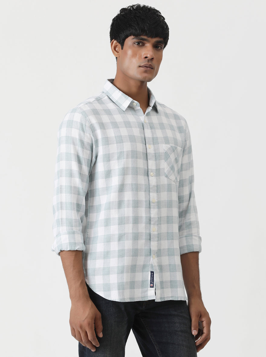 Light Green Checked Slim Fit Casual Shirt | pehervi