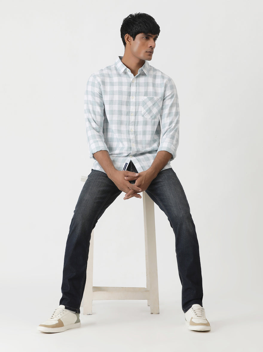 Light Green Checked Slim Fit Casual Shirt | pehervi