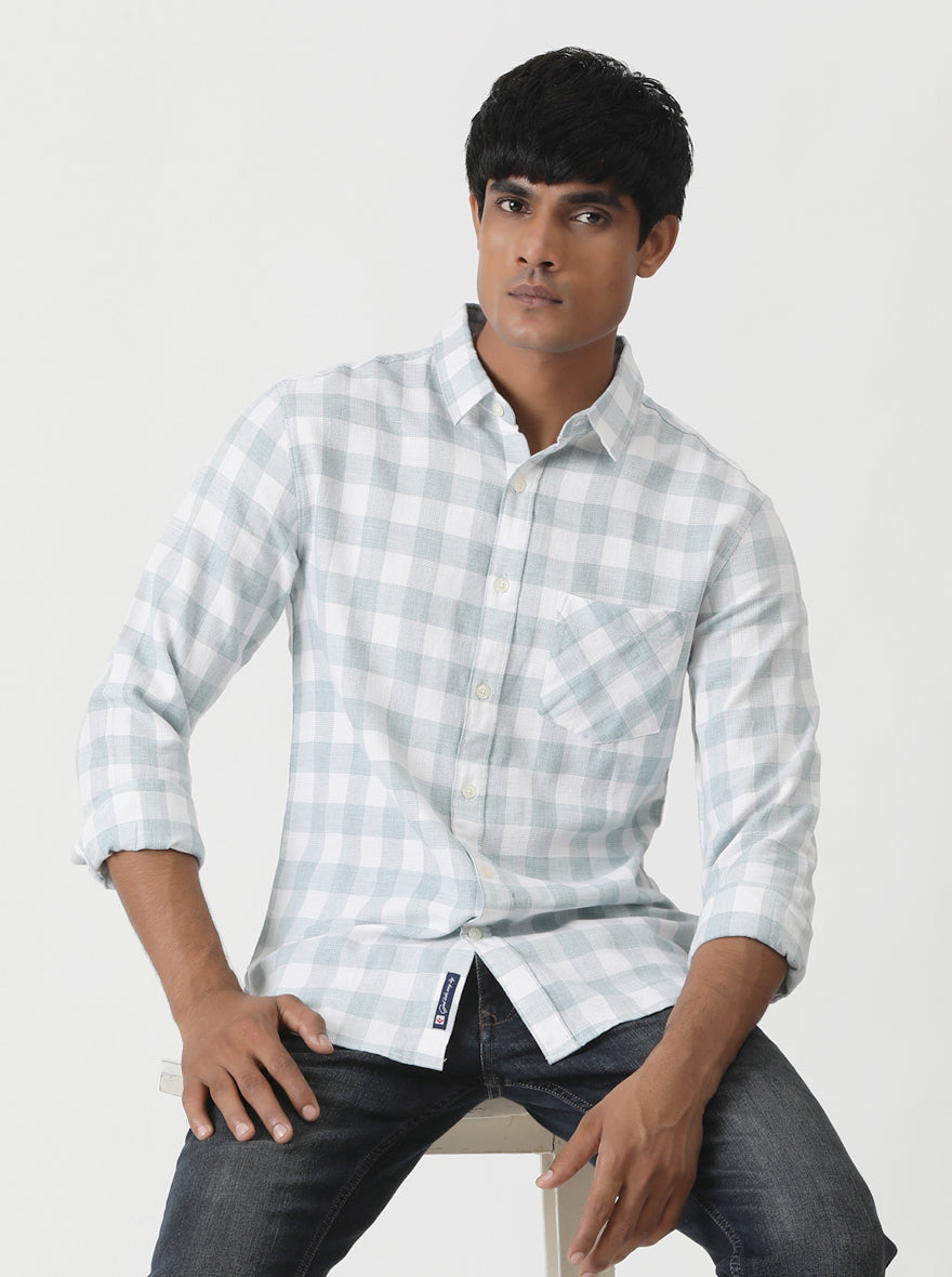 Light Green Checked Slim Fit Casual Shirt | pehervi