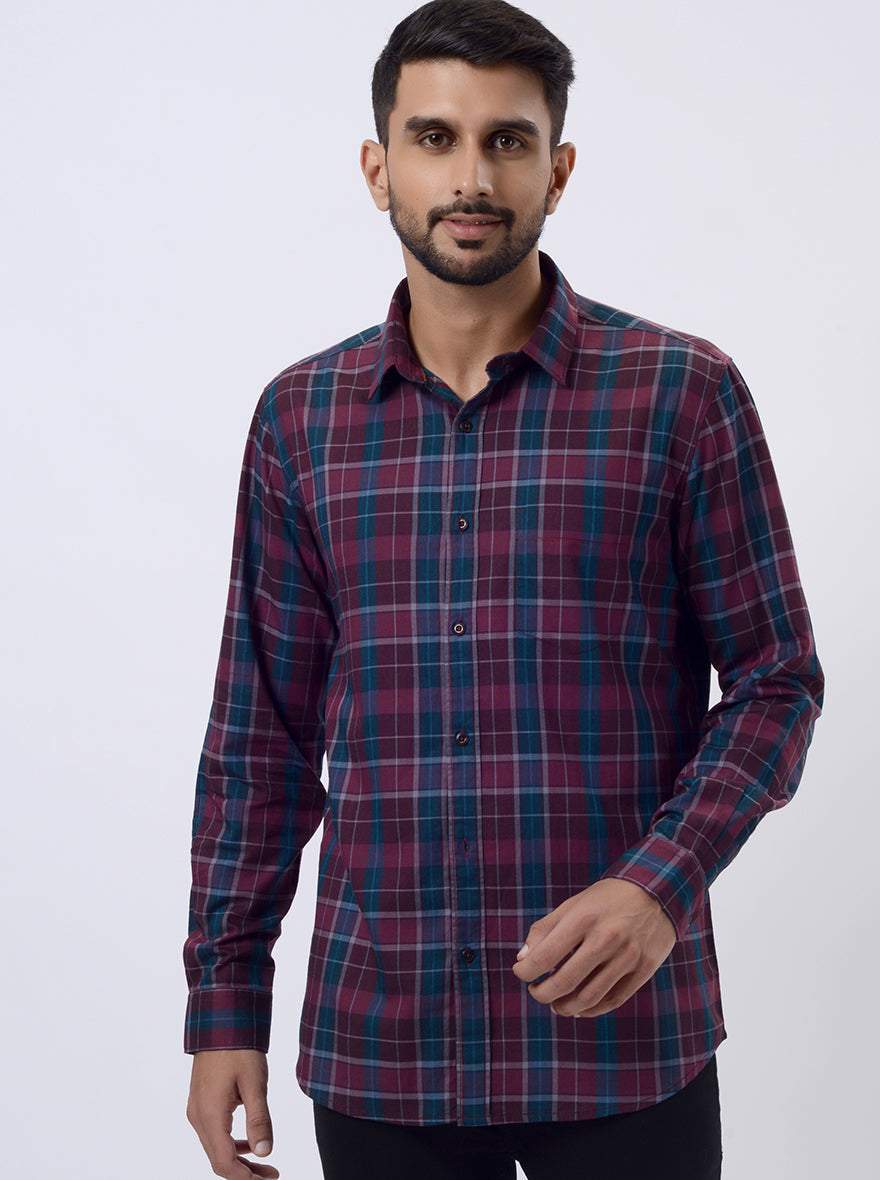 Wine Checked Slim Fit Casual Shirt | pehervi