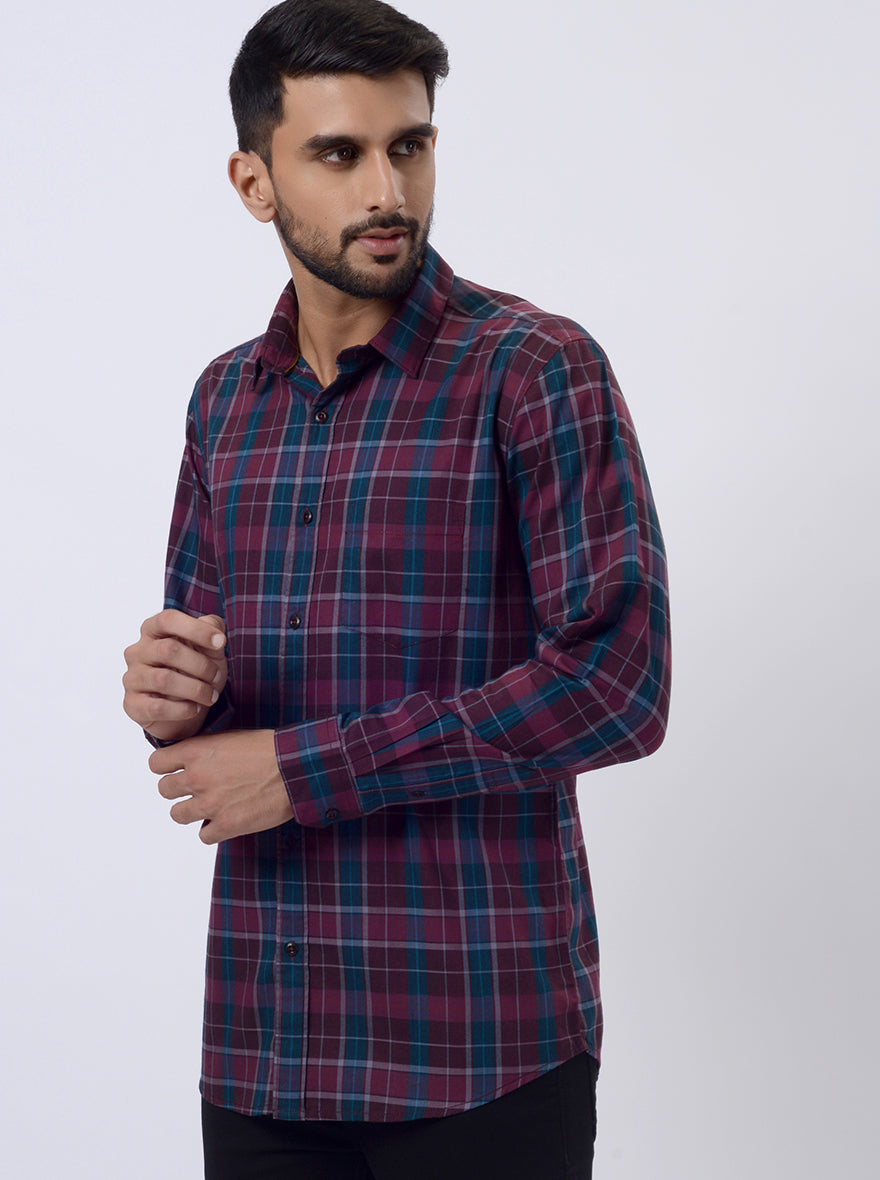 Wine Checked Slim Fit Casual Shirt | pehervi