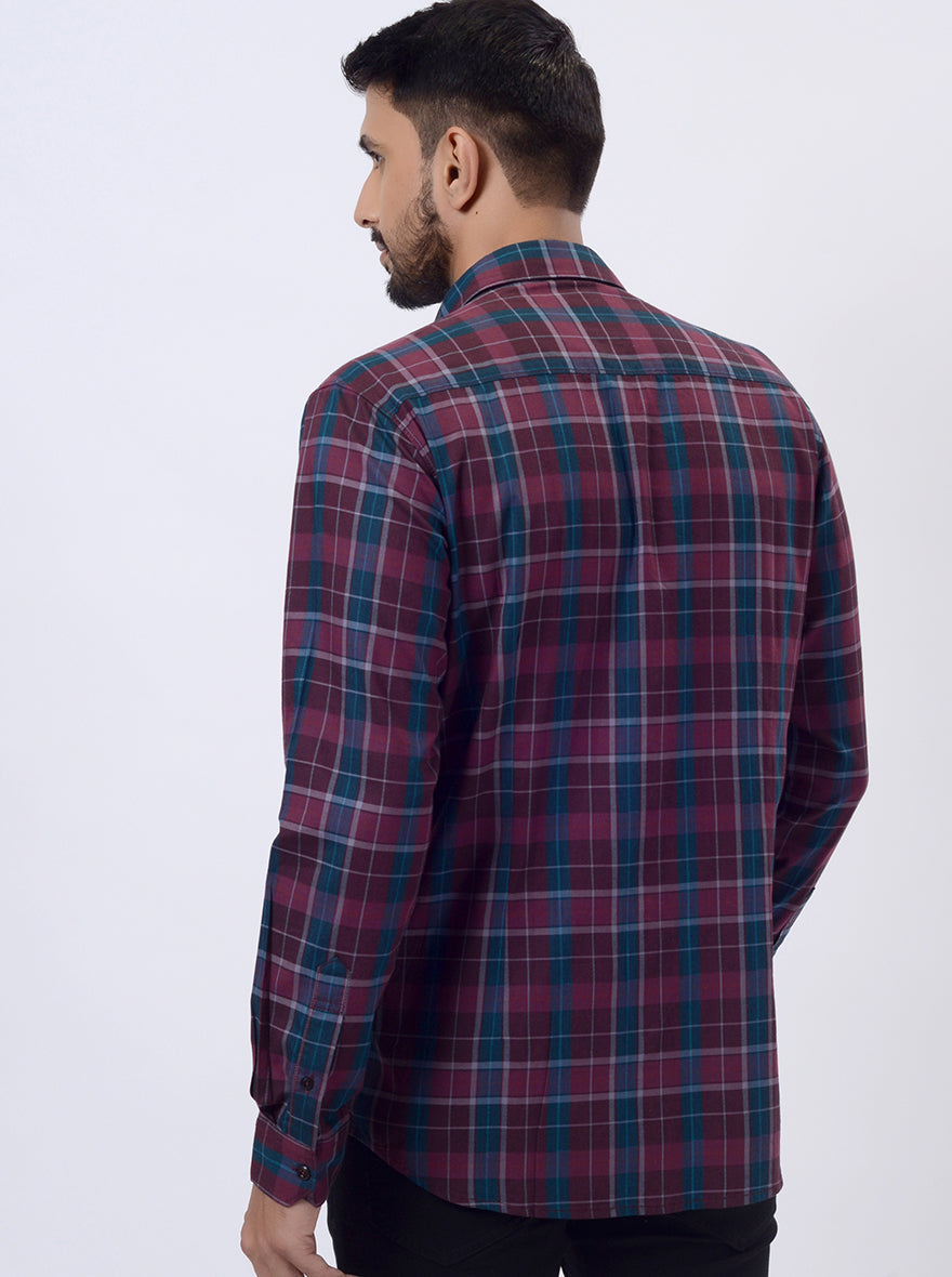 Wine Checked Slim Fit Casual Shirt | pehervi
