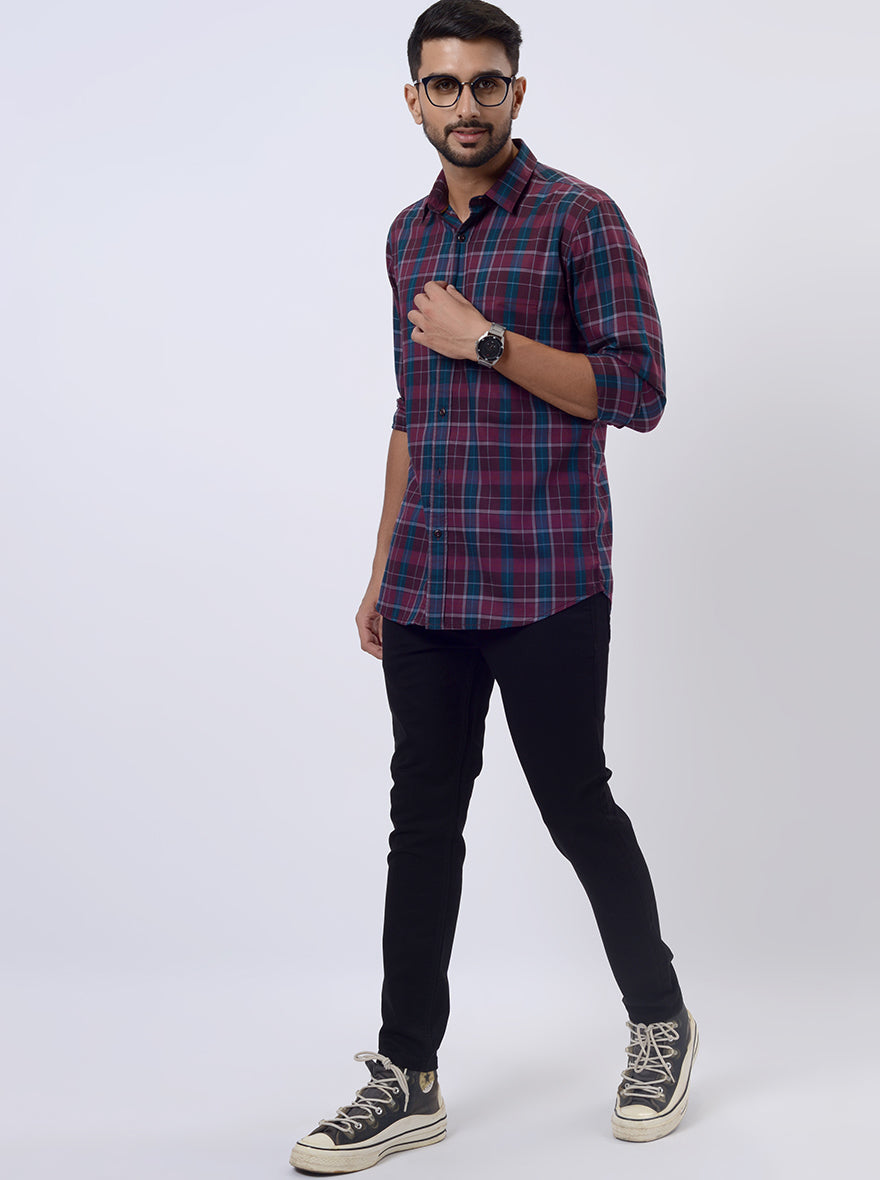 Wine Checked Slim Fit Casual Shirt | pehervi