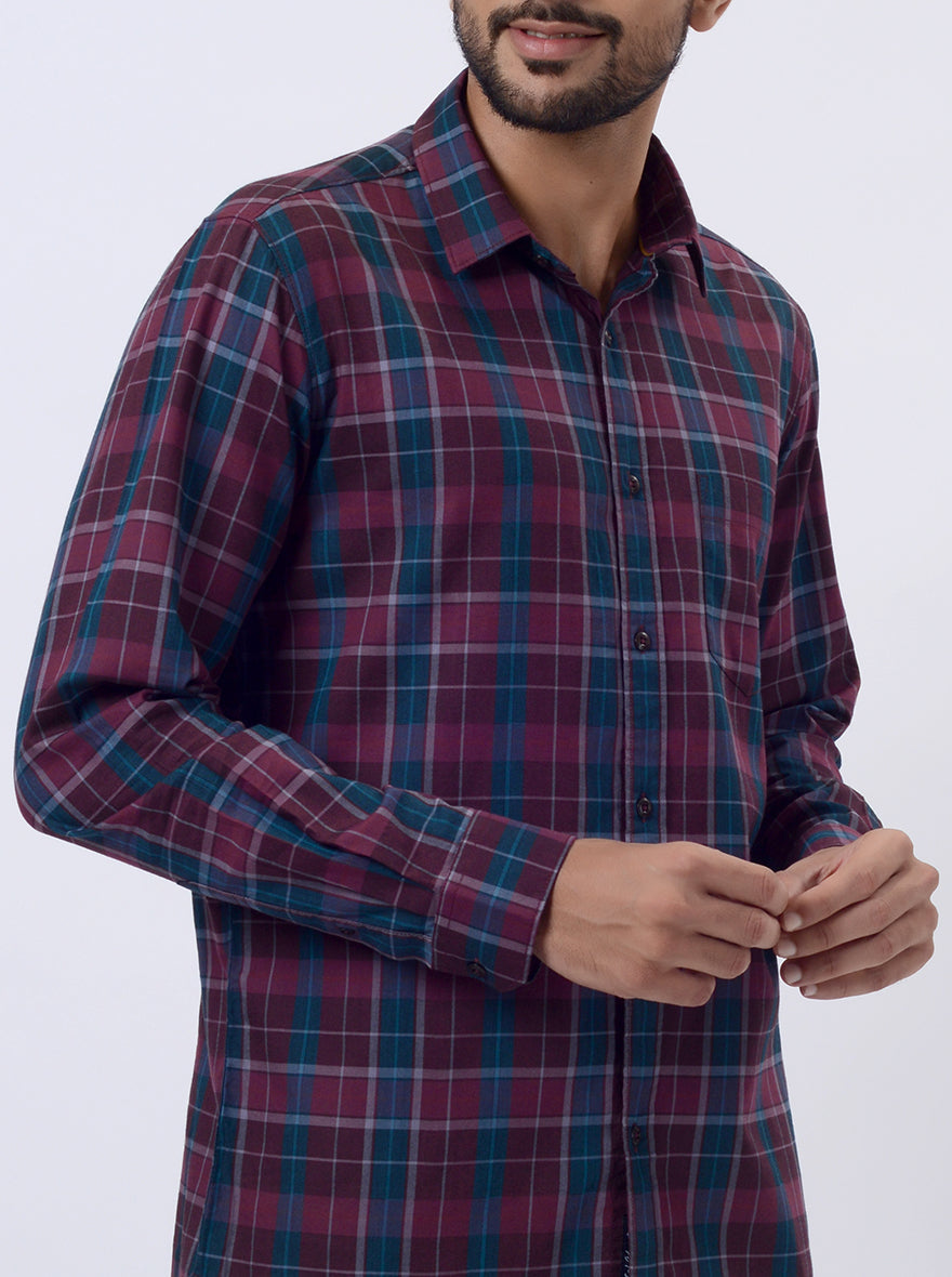 Wine Checked Slim Fit Casual Shirt | pehervi