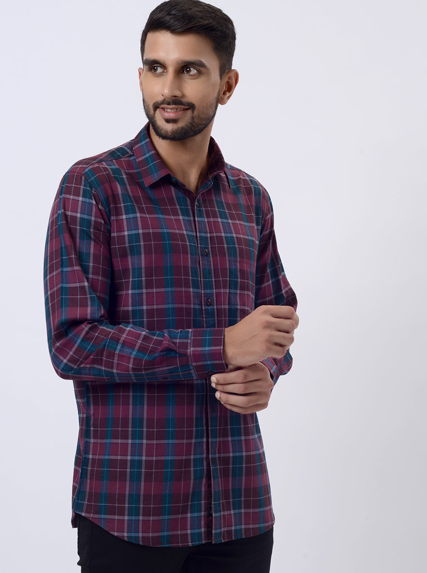 Wine Checked Slim Fit Casual Shirt | pehervi