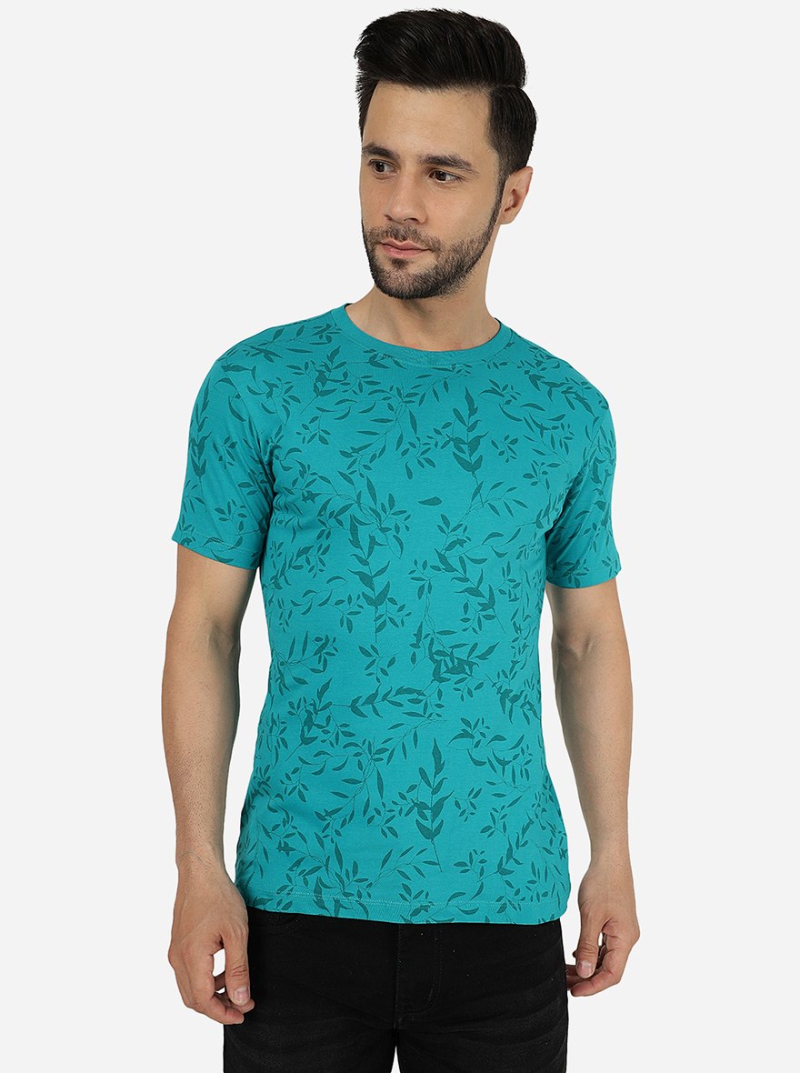 Teal Blue Printed Slim Fit T-Shirt | pehervi