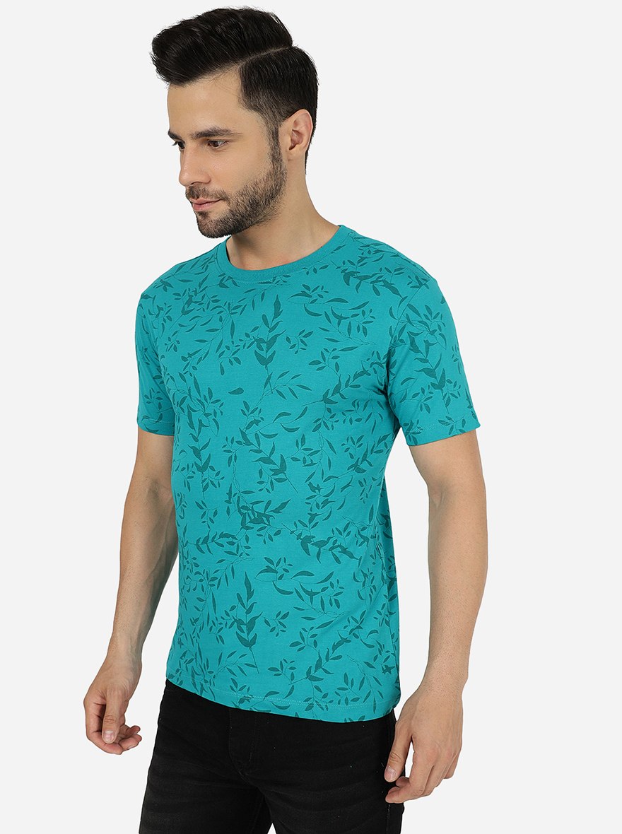 Teal Blue Printed Slim Fit T-Shirt | pehervi
