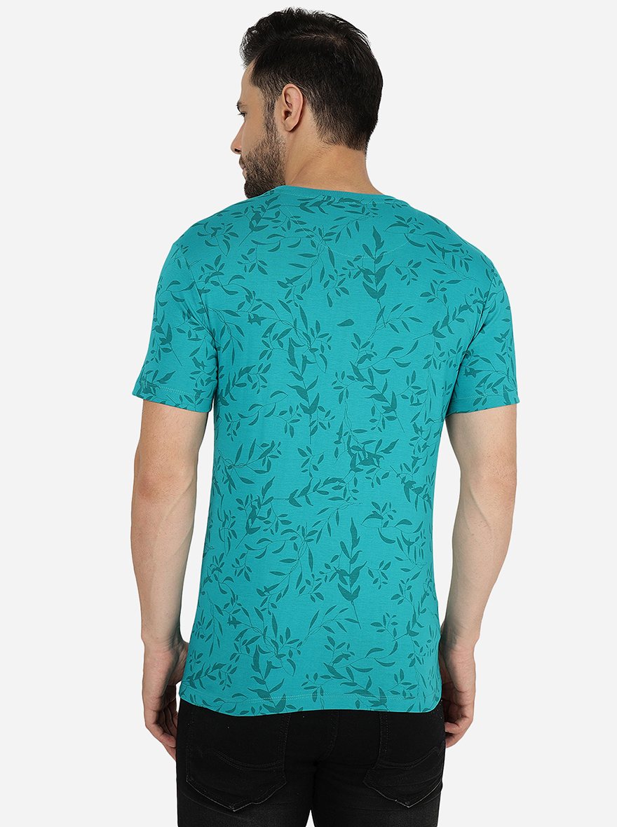 Teal Blue Printed Slim Fit T-Shirt | pehervi