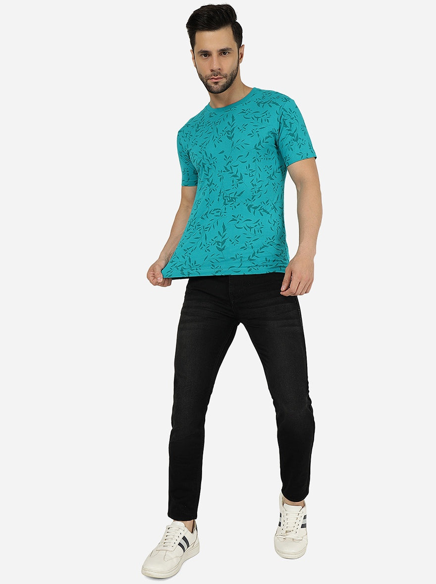 Teal Blue Printed Slim Fit T-Shirt | pehervi