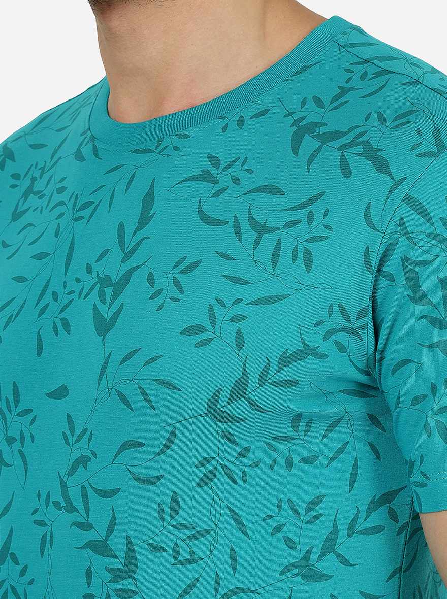 Teal Blue Printed Slim Fit T-Shirt | pehervi