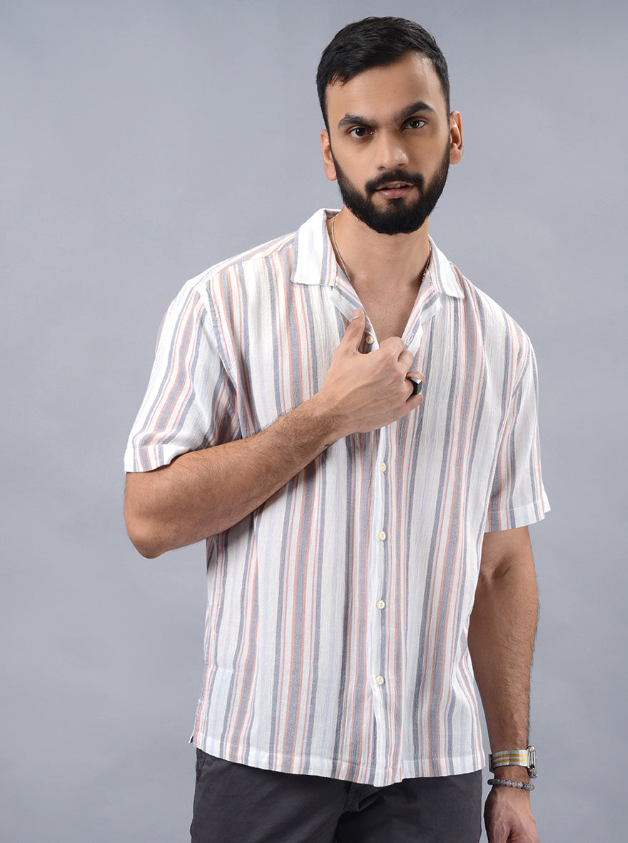 Grey Striped Slim Fit Casual Shirt | pehervi