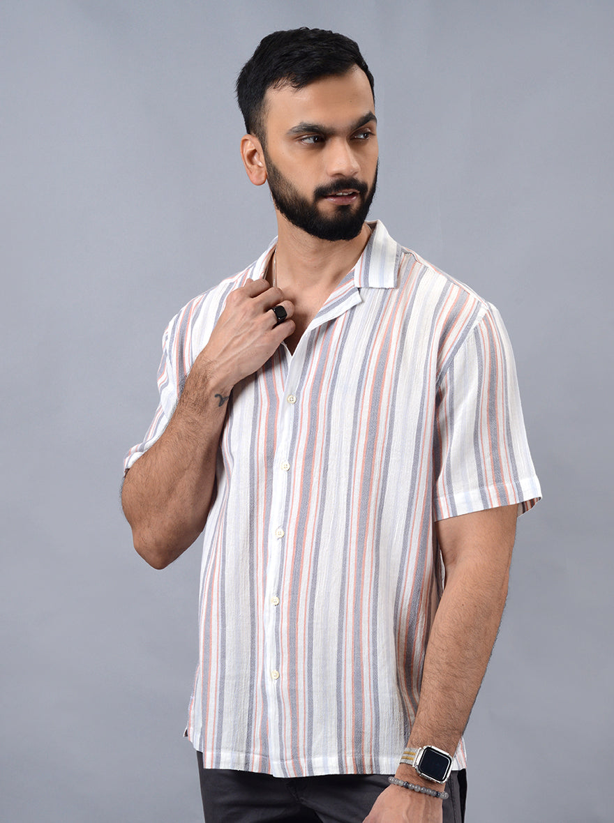 Grey Striped Slim Fit Casual Shirt | pehervi