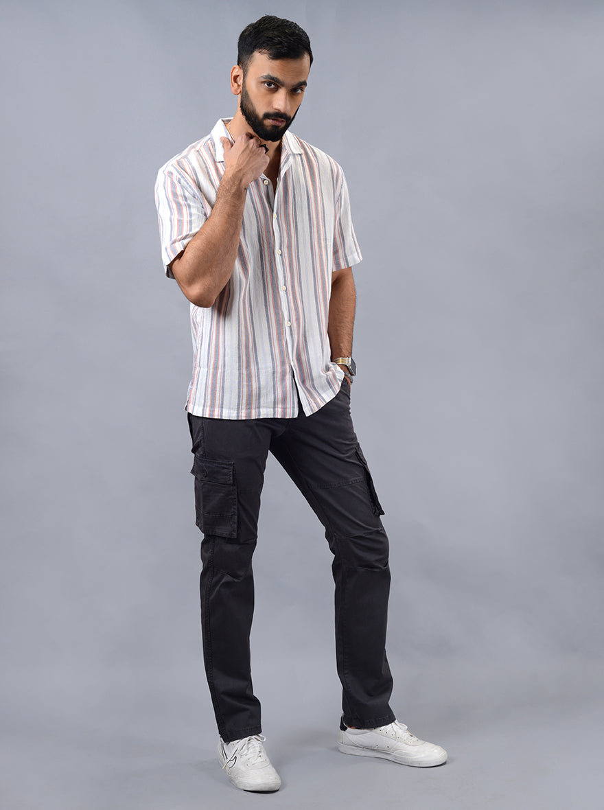 Grey Striped Slim Fit Casual Shirt | pehervi