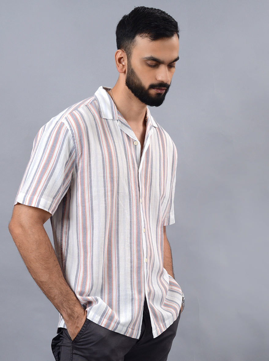 Grey Striped Slim Fit Casual Shirt | pehervi