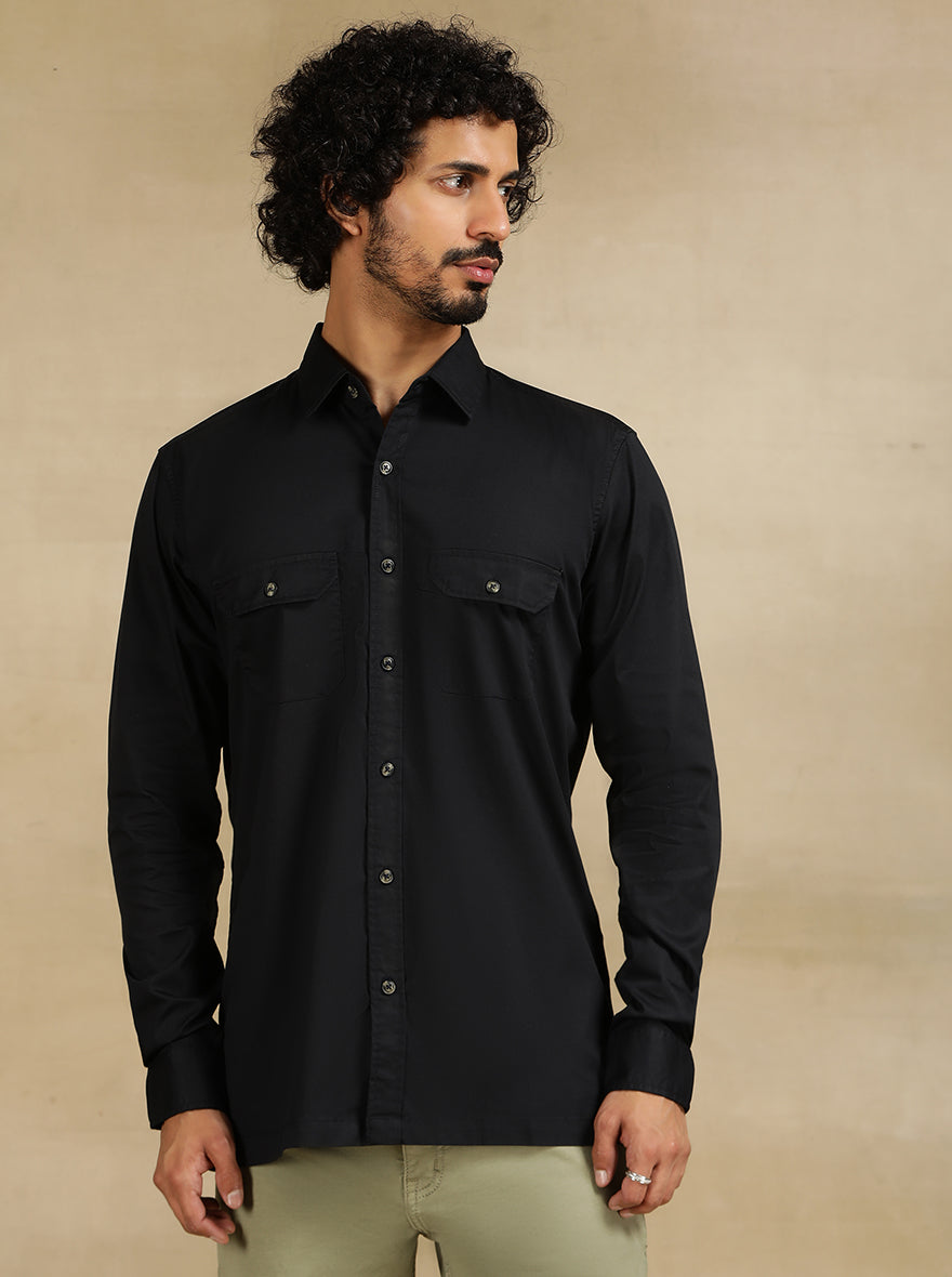 Navy Blue Solid Slim Fit Casual Shirt | pehervi