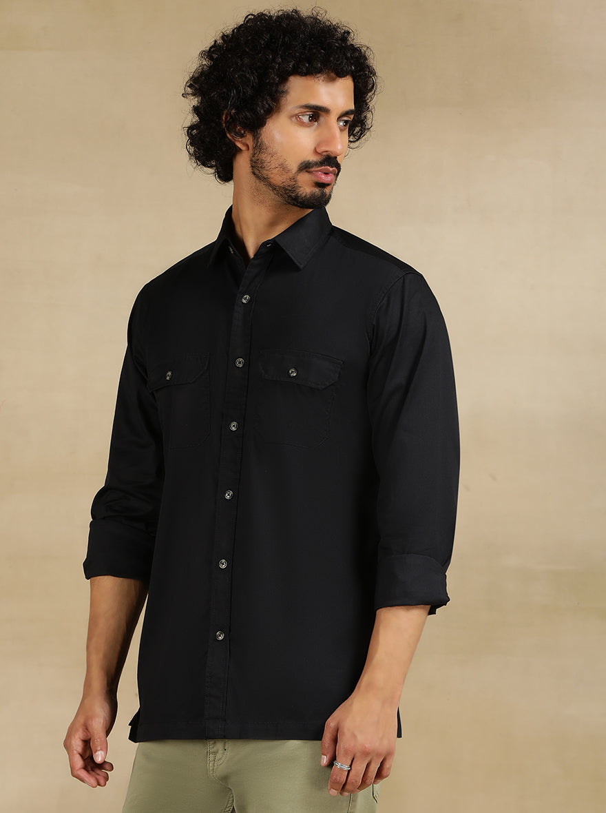 Navy Blue Solid Slim Fit Casual Shirt | pehervi