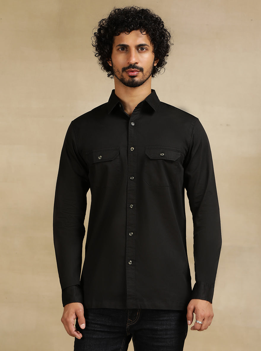 Black Solid Slim Fit Casual Shirt | pehervi