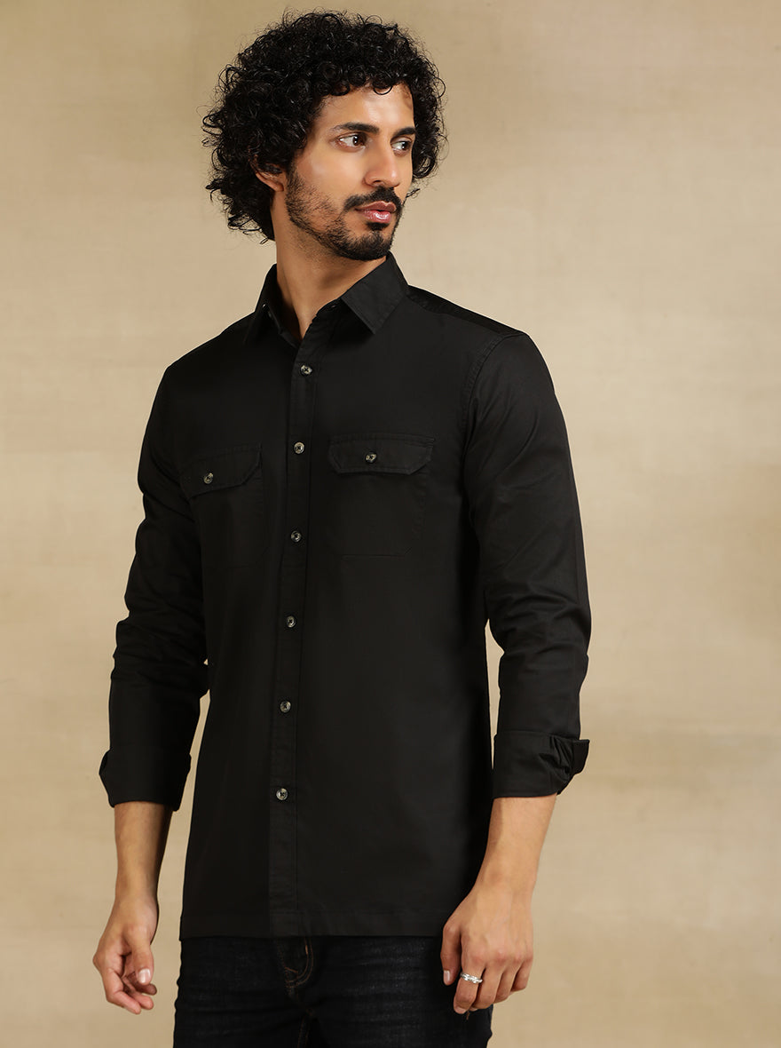 Black Solid Slim Fit Casual Shirt | pehervi